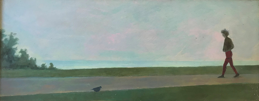 panoramic painting of a figure walking along Leas with sea in background